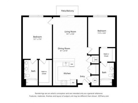Floor plan for 2 beds, 2 baths, 1151 sqft